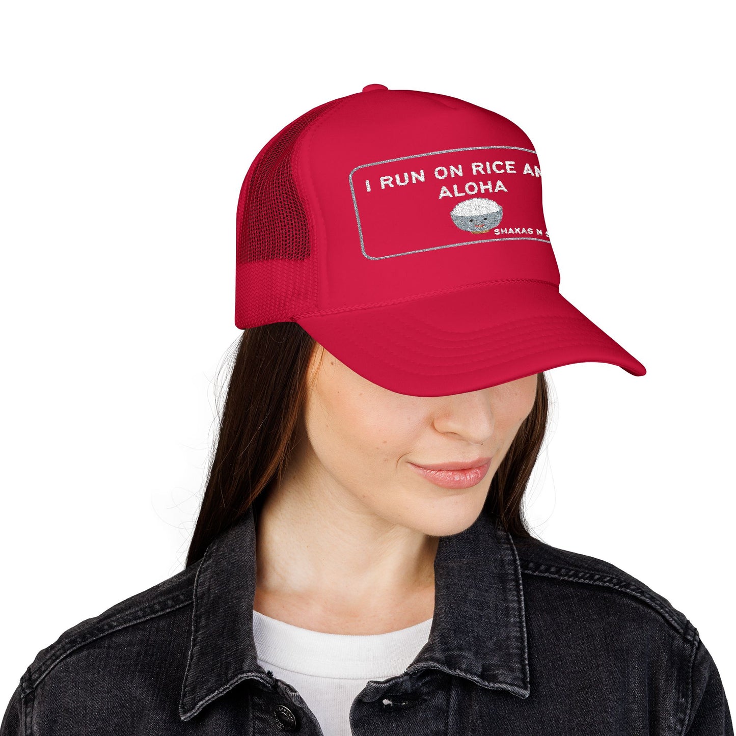 I Run On Rice And Aloha Embroidered Foam Trucker Hat