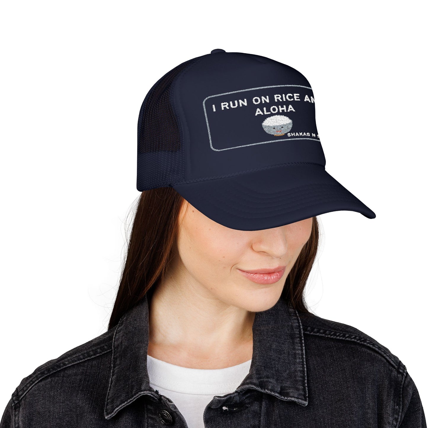 I Run On Rice And Aloha Embroidered Foam Trucker Hat