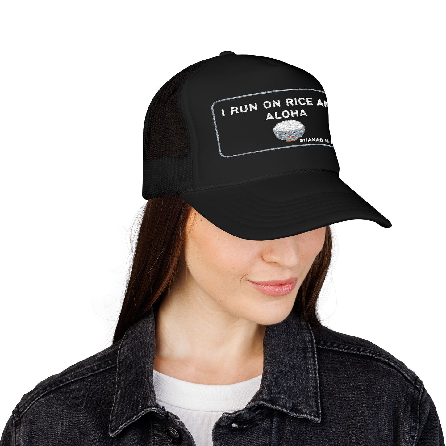 I Run On Rice And Aloha Embroidered Foam Trucker Hat